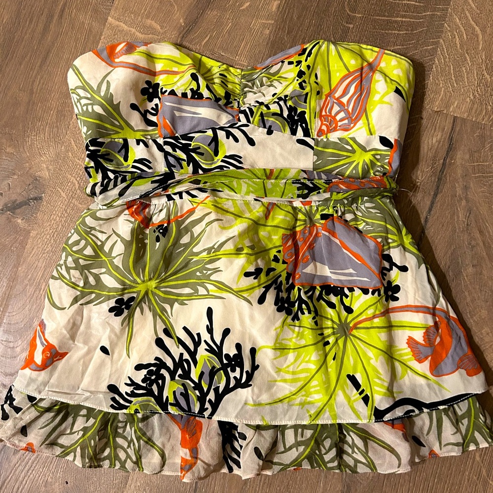 Nanette Lepore 100% Silk Peplum Strapless Blouse Anthropologie